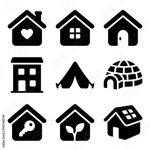 Set of nine black house and home icons collection.