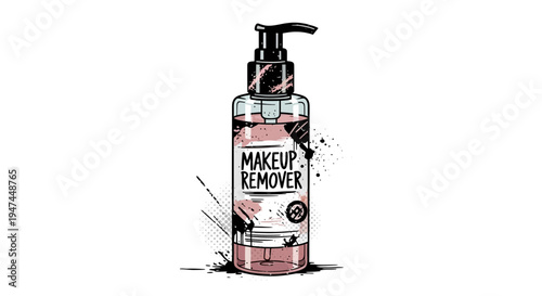 Makeup Remover Bottle with Pink Liquid and Splatter Design