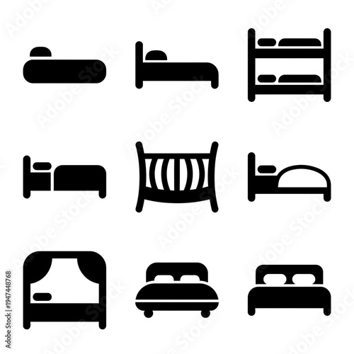 Collection of various bed types as simple glyph icons for web and print.