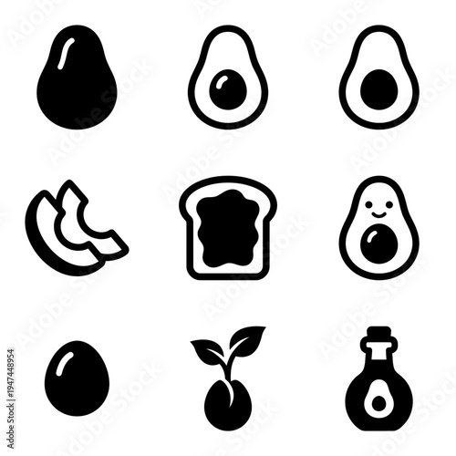 Set of black avocado icons showing fruit toast seed and oil.