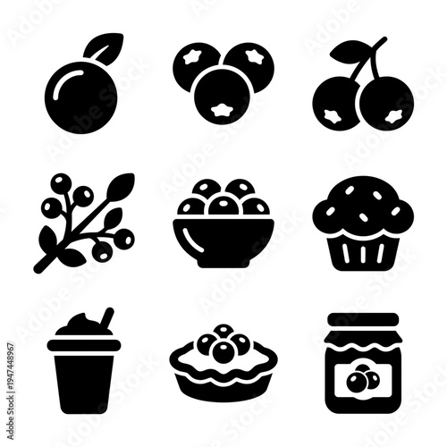 Blueberry fruit food and dessert solid glyph icon set.