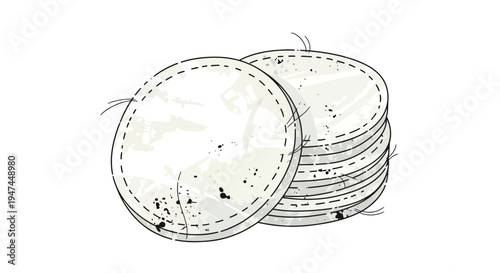 Stack of white cotton pads, cosmetic rounds, hand drawn sketch