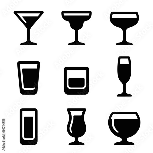 Set of various drink and cocktail glass icons in black silhouette style.