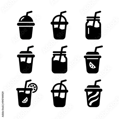 Set of various cold drink cup and jar silhouette icons with straws.