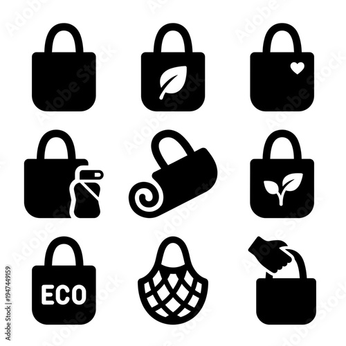 Eco friendly reusable shopping bag vector icon set for sustainable lifestyle and zero waste concept.