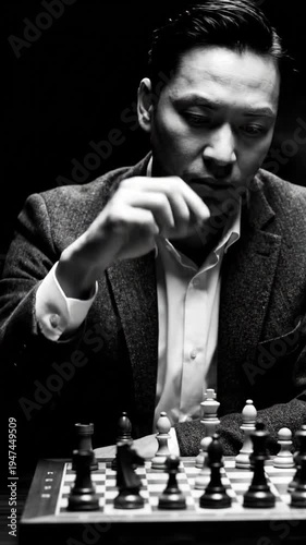 Serious man playing chess, deep in thought, black white
