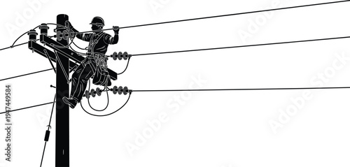Electric lineman repairing power lines on utility pole, electrical worker safety harness silhouette, power grid maintenance illustration vector