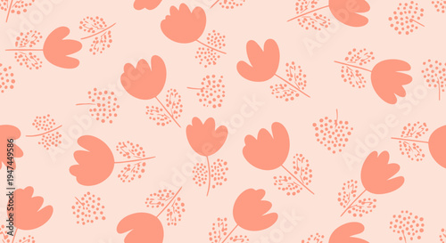 Seamless Flat Floral Pattern with Peach Flowers  Berries  Nature  Lifestyle Design Background