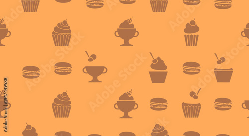 Food Industry Flat Desserts Seamless Pattern. Sweet Treats and Bakery Glyph Icons Background.