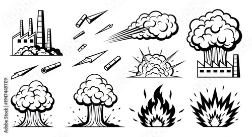 Black and White Line Art Icons: Explosions, Smoke, Fire, Factories, and Missile Hazards.