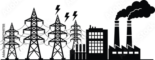 Electric power plant and transmission towers silhouette, electricity generation industry skyline, energy infrastructure vector illustration with factory smokestacks
