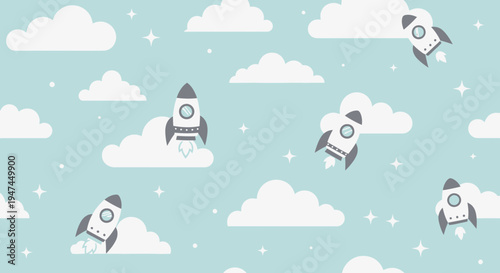 Cute Flat Design Seamless Pattern: Space Rockets, Clouds  Stars for Kids Adventure