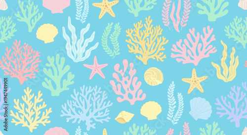 Under the Sea Marine Life Flat Vector Seamless Pattern with Pastel Coral, Starfish, and Seashells