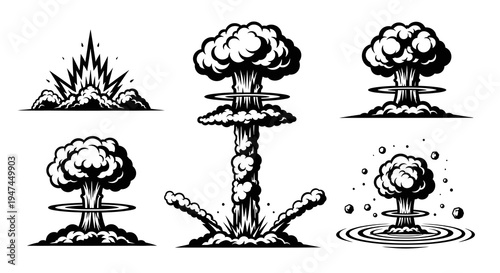 Stylized Nuclear Explosion Mushroom Cloud Vector Icons - Black and White Line Art Set