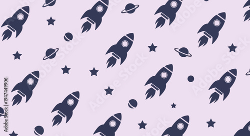 Cute Flat Vector Space Rockets and Planets Seamless Pattern for Kids Astronomy Theme Background