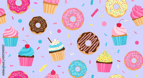 Sweet Food Flat Vector Seamless Pattern: Colorful Donuts, Cupcakes  Sprinkles