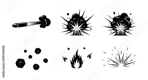 Action Game Combat Effects Black  White Glyph Set: Bullet, Explosions, Fire, Sparks, Debris Icons