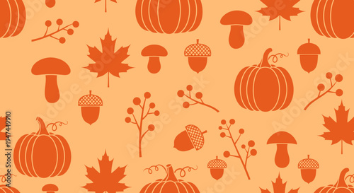 Warm Orange Autumn Fall Flat Vector Seamless Pattern with Pumpkins, Maple Leaves, Mushrooms, Acorns, Berries