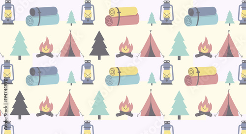 Outdoor Adventure Flat Cartoon Seamless Pattern with Camping Gear and Nature Elements