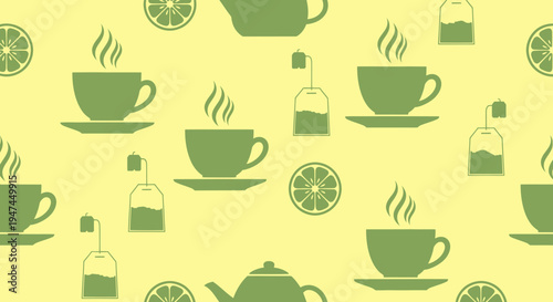 Food  Drink: Flat Seamless Pattern of Hot Tea, Teacups, Teapots, Tea Bags  Lemon Slices