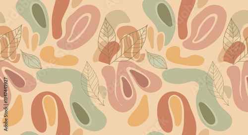 Earthy Abstract Nature Pattern with Organic Shapes  Line Art Leaves - Bohemian Wellness Design