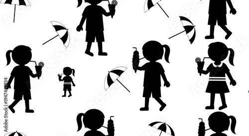 Black and White Silhouette Seamless Pattern of Children Enjoying Summer with Ice Cream, Drinks  Umbrellas