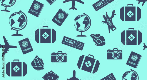Flat Travel Icons Vector Seamless Pattern. Tourism, Vacation, Airplane, Passport, Luggage, Globe