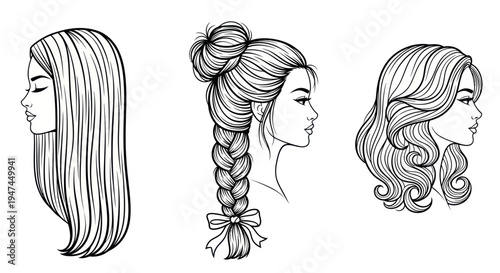 Beauty Fashion Hair: Diverse Women's Hairstyles in Black and White Line Art Profile