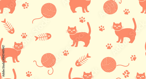 Cute Flat Cartoon Pet Cats, Yarn, Fish Bones, and Paw Prints Seamless Pattern Vector