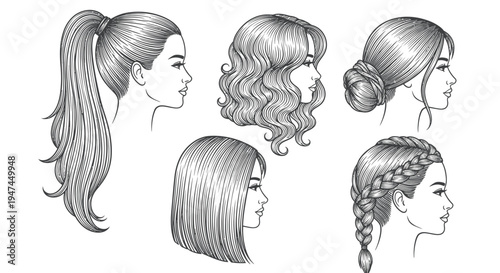Beauty Fashion Hairdressing: Women Hairstyles Line Art Sketch Set