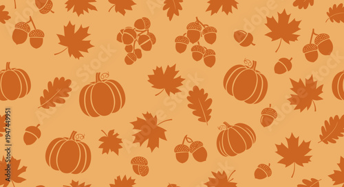 Autumn Harvest Flat Icons Seamless Pattern Background with Pumpkins, Leaves, Acorns