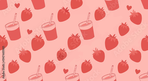 Strawberry Smoothie Love Pattern: Food  Drink Flat Cartoon Seamless Design