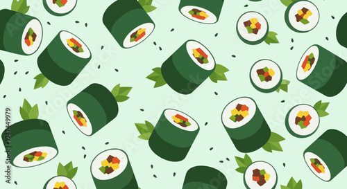 Flat Design Japanese Food Sushi Rolls Seamless Pattern Background Vector Illustration