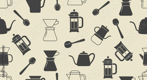 Seamless Coffee Brewing Equipment Glyph Silhouette Pattern - Food  Drink Background Design