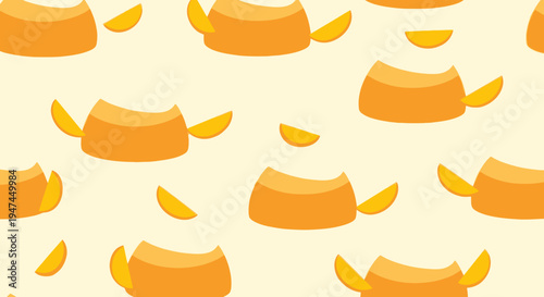 Food Flat Design: Seamless Pattern of Mango Pudding Desserts and Fruit Slices