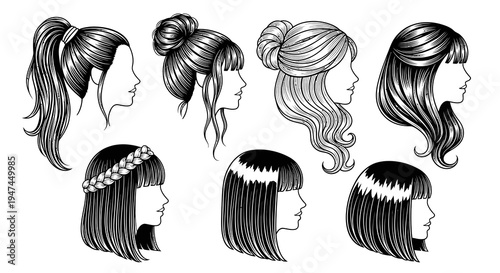 Elegant Women's Hairstyles Black  White Line Art Vector Set for Beauty and Fashion Design