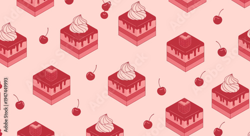 Food Industry Isometric Dessert Pattern: Sweet Cherry Cakes and Pastries Illustration