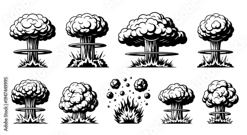 Black  White Line Art Vector Nuclear Explosions Set for Military, War  Danger Concepts