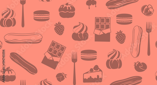 Sweet Food and Dessert Flat Icon Seamless Pattern with Pastries, Fruits, and Forks