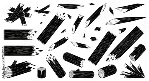 Black  White Line Art Broken Wood  Splinters Set - Nature, Forestry  Construction Materials
