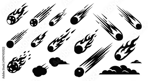 Space Astronomy Black  White Comet Meteor Glyph Vector Icons Set