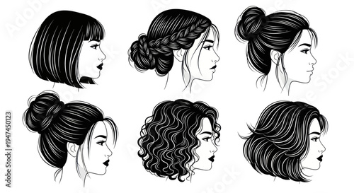 Beauty Fashion Women Hairstyles Black White Line Art Vector Collection