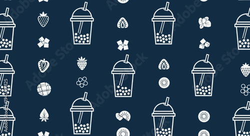 Food  Drink Bubble Tea Outline Icons Seamless Pattern with Fruits and Ingredients