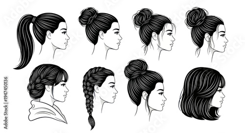 Beauty Fashion Hair: Female Hairstyle Collection in Black  White Line Art Vector