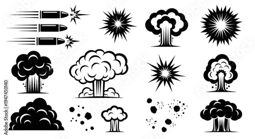 War  Action Explosions, Bullets, and Impacts Black  White Glyph Icons Set