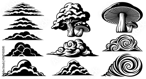 Black  White Stylized Nature Vector Elements: Clouds, Tree, Mushrooms Art Set