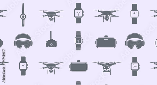 Technology Wearable Devices and Drones Glyph Icons Seamless Pattern