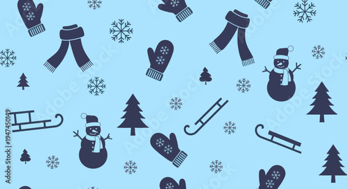 Winter Holiday Seamless Pattern with Flat Snowman, Mittens, Scarves, Sleds, Snowflakes