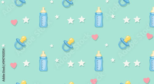 Flat Seamless Baby Care Pattern with Bottles, Pacifiers, Hearts and Stars for Nursery Decor