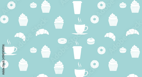 Food  Drink Cafe Bakery Seamless Pattern: Flat White Glyphs of Cupcakes, Donuts, Croissants, Coffee